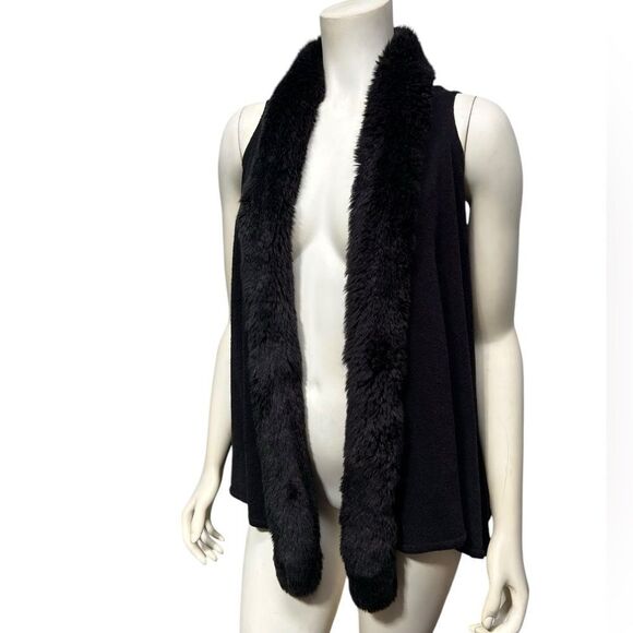 Joseph Ribkoff Fur Trim Sleeveless Cardigan Vest Black Open Sweater Fall Winter - Picture 2 of 7